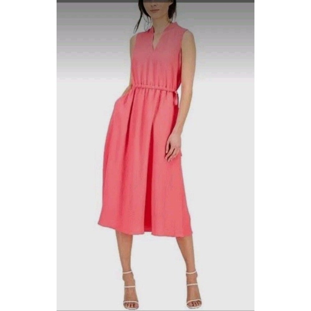 NEW Anne Klein Camellia Coral Pink Midi Dress Sleeveless Cinched Tie Waist Sz XL